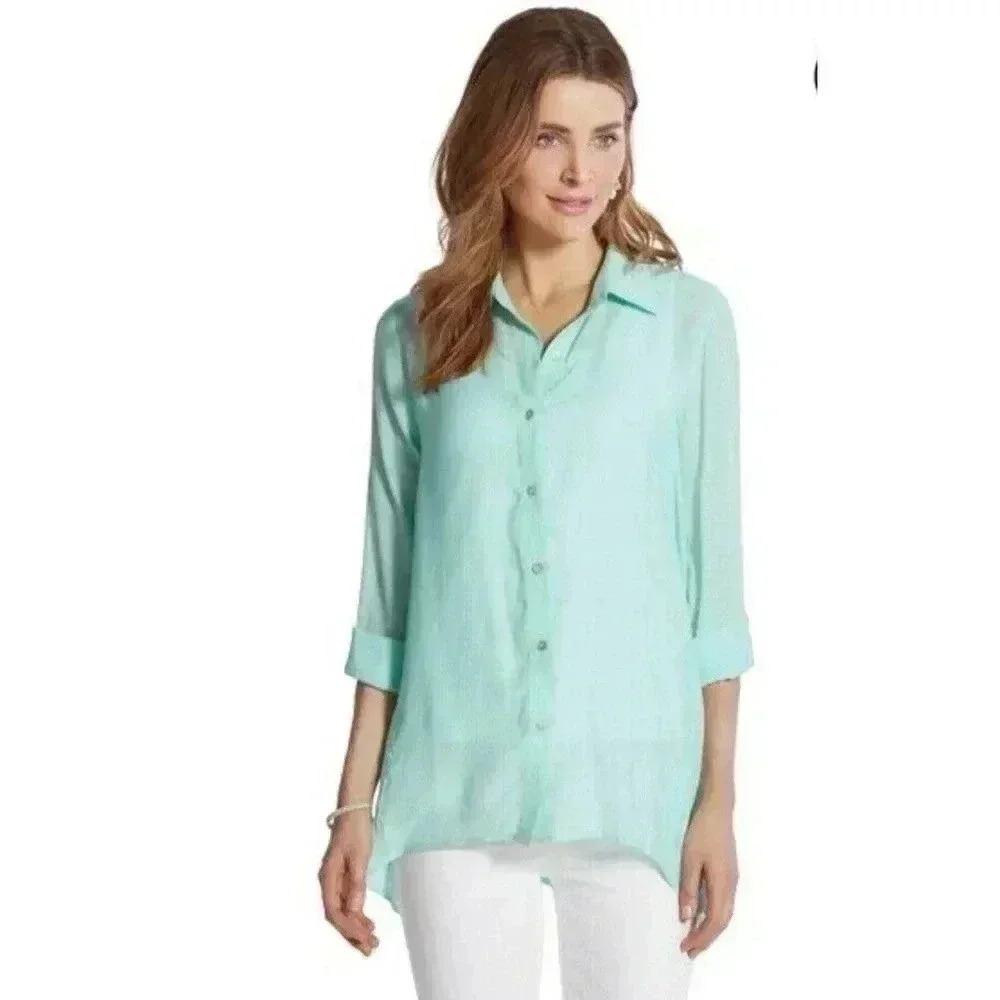 Chico’s‎ Womens Sz XL Audrie Textured Button Down Shirt, Mother Of Pearl Buttons